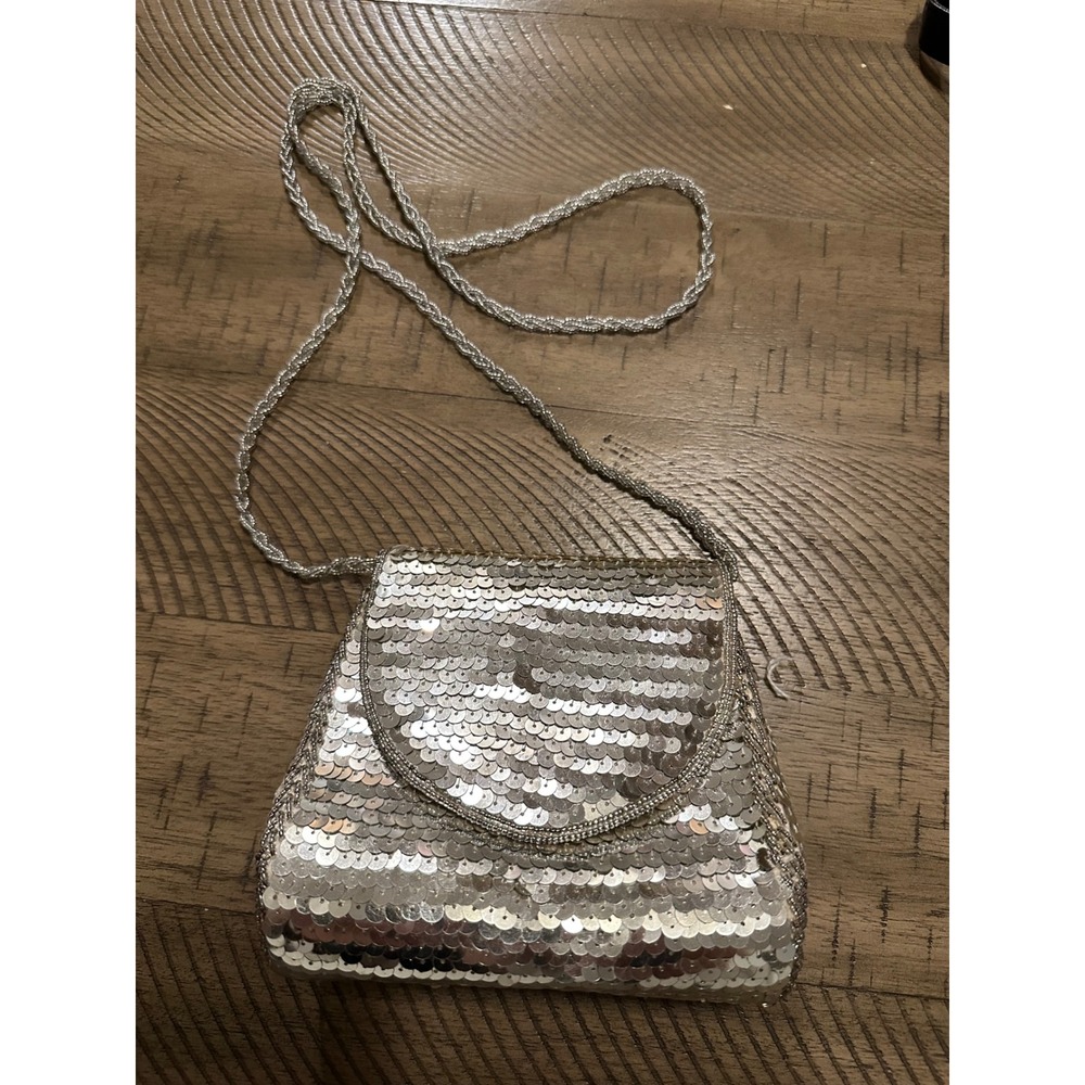 Vintage Silver Sequin & Bead Crossbody Mini Bag // Y2K Disco Glam Evening Purse